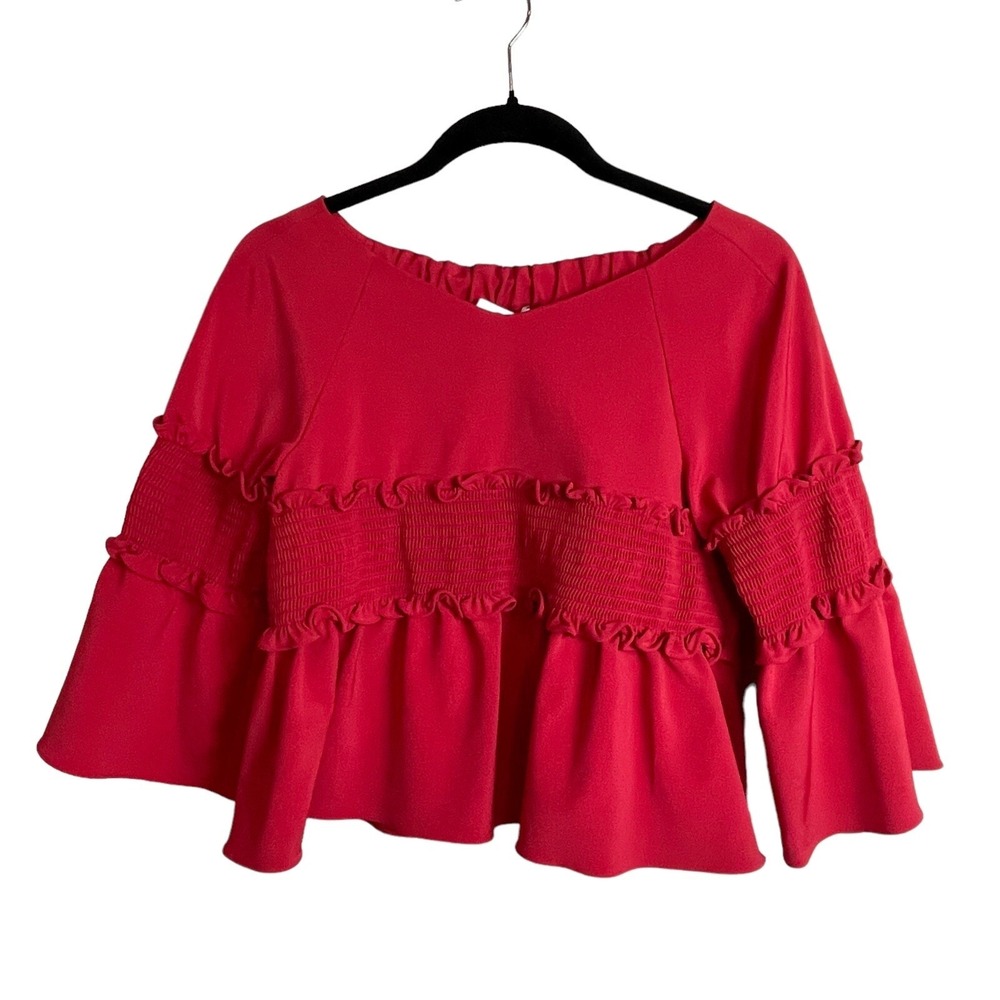 Tibi Red Smocked Crop Top S Modern Romantic Statement Chic Feminine Date Night